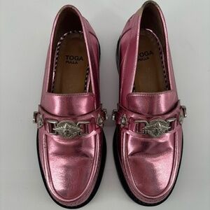 Rare TOGA Pulla Pink Stud-embellished Metallic Loafers 37